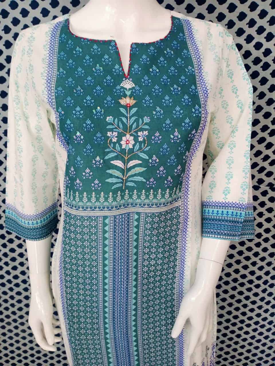 Teal Color Hand Work Pure Cotton Kurti