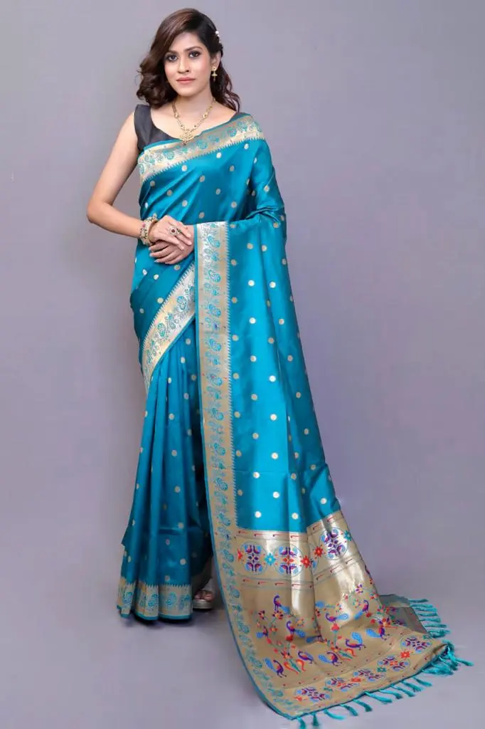 Sky blue light color saree with designer cut blouse fabric – Asharfi Design