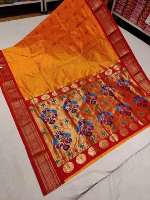 Dark Yellow Pure Kadiyal Paithani with Red Border