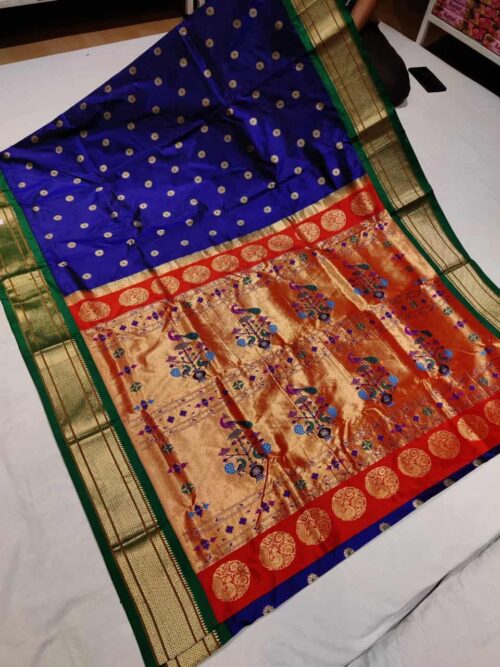Navy Blue Pure Kadiyal Paithani with Green Border