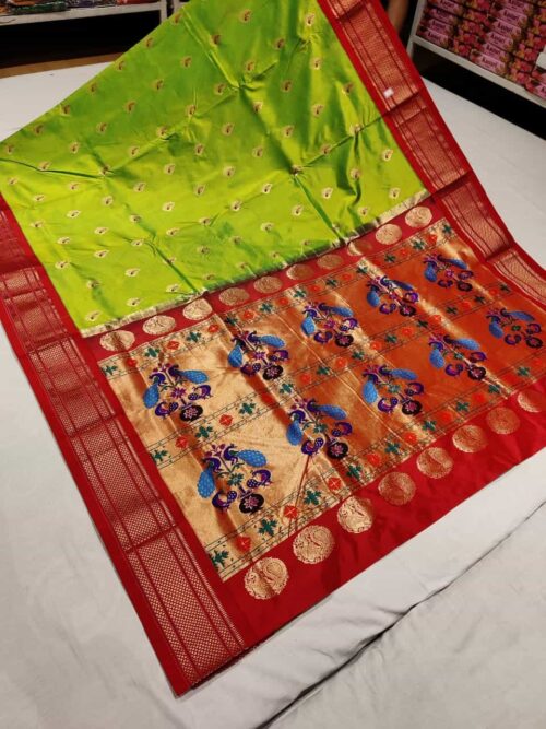 Parrot Pure Kadiyal Paithani with Red Border / Meena Butti