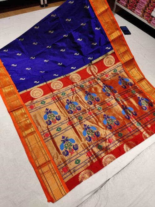 Navy Blue Pure Kadiyal Paithani with Orange Border