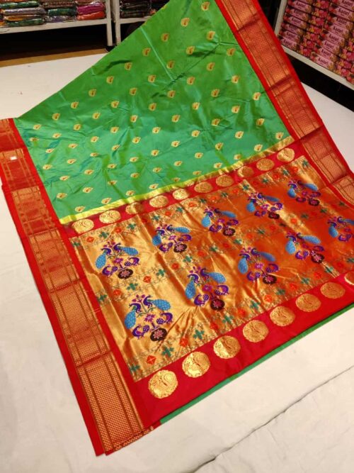 Lime Green Pure Kadiyal Paithani with Red Border