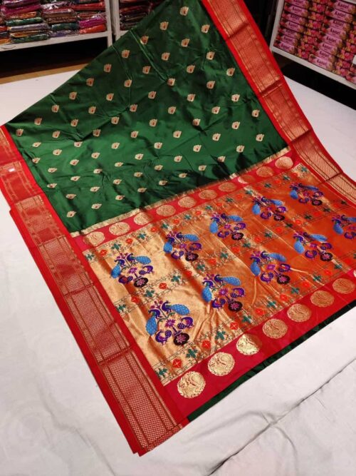 Dark Green Pure Kadiyal Paithani with Red Border