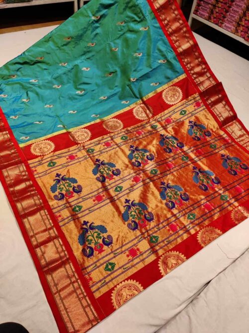 Jade color Pure Kadiyal Paithani with Red Border