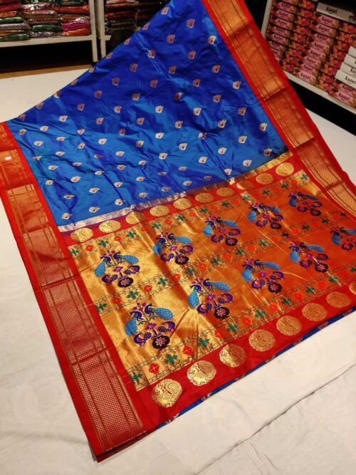 Dodger Blue Pure Kadiyal Paithani with Red Border