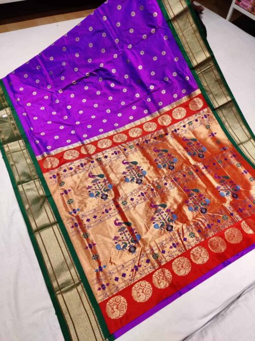 Dark Magenta Pure Kadiyal Paithani with Red Border