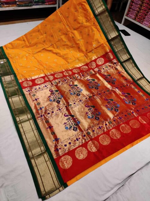 Dark Yellow Pure Kadiyal Paithani with Green Border