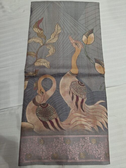 Pink Jari Border element Swan Print Raw Silk